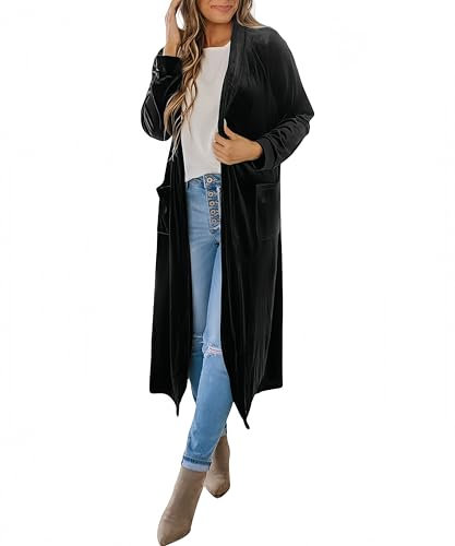 LCDIUDIU Cardigan In Velluto Da Donna con Apertura Frontale, Trench Lungo Senza Collo, Giacca Spolverino Comoda In Velluto, Giacca Per Donna, Capispalla Primavera Autunno, Nero Xl