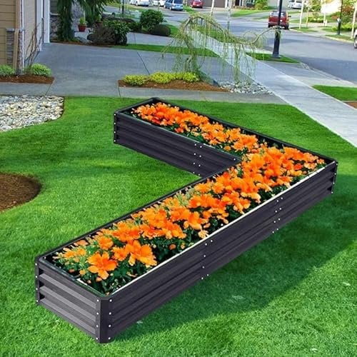 Black L Shaped Large Garden Raised Bed in Galvanized Steel - Deep and Wide outdoor planter for Vegetables, Herbs and Flowers