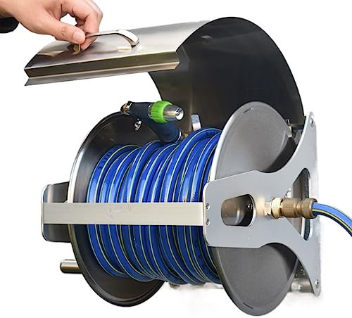 Garden Hose Holder Stainless Steel Garden Hose Reel Heavy Duty Hose Holder, Wall/Floor Mounted Metal Water Hose Reel with Crank Handle and Dust-Proof Lid Hose Reel Cart