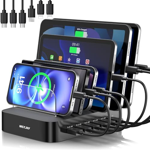 MSTJRY Ladestation für mehrere Geräte: USB-Ladestation mit 6 Anschlüssen – Familien-Organizer für mehrere Geräte – entworfen für iPhone, iPad, Android, Handy, Tablet und Elektronik, Schwarz