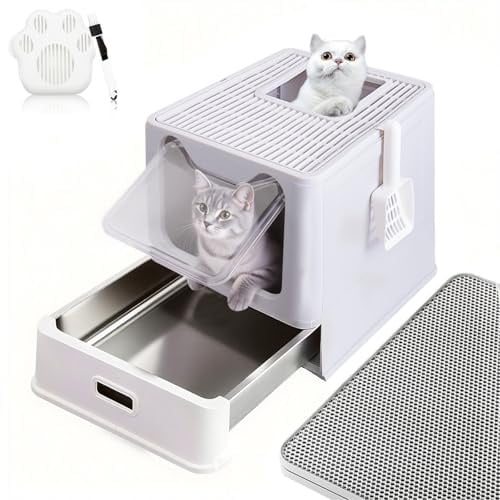 LEEJARD Katzentoilette, Edelstahl Katzenklo mit Deckel und ausziehbares Tablett, Hop in Katzenklo XXL mit Katzenklo Matte ＆ Schaufel für Katzen bis 15 kg, Leichtere Reinigung, auslaufsicher