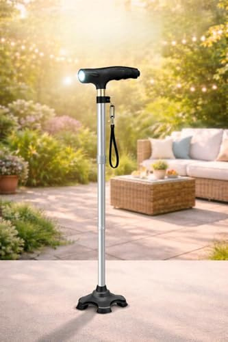 Folding Cane with LED Light Height Upto 98 Cm, Supports upto 100Kg Adjustable Walking Sticks for Men and Women, Quad Base Walking Sticks for Seniors & Adults [Requires 2×AA batteries (not included)].