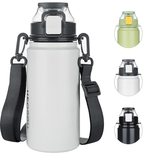 HUAXITRA Insulated Water Bottle Stainless Steel Sports Water Bottles with Straw, Double Wall Leakproof Thermal Flask with Handle for Cold and Hot Drink, Travel, Sports, Gym (White, 800 ml)