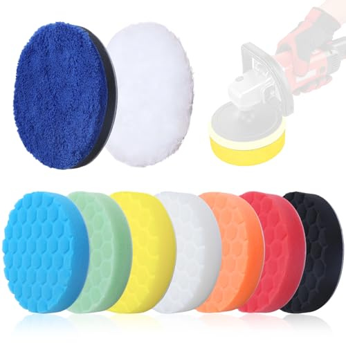 Annickee Lot de 9 Tampons de Polissage de 125 mm, Éponge de Polissage en nid d'abeille, Polissage Pad avec Microfibre et Mousse, Kit de polissage Voiture avec fibre haute, Voiture, Vitre, Meubles