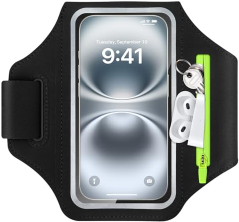Running Phone Holder, Stretchable Running Armband Phone Holder for Running Sweatproof Mobile Phone Armband with Zipper Pocket for iPhone 17 16 15 Galaxy S25 for Jogging Cycling (Black)