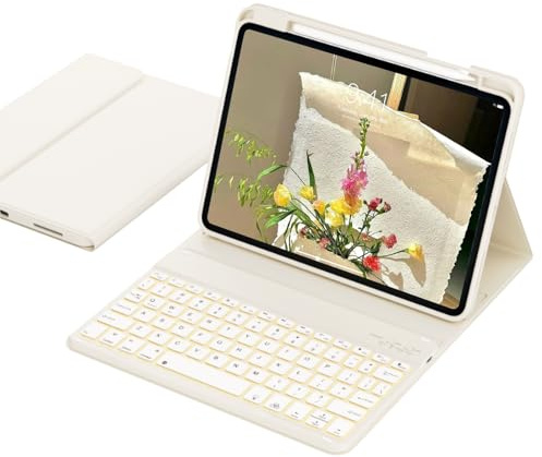ZOPSGYU iPad (A16) 11th/10th Gen Keyboard Case, 7-Color Backlit,Cream White | Shockproof Silicone Cover with Backlit UK Layout Keyboard, Magnetic long battery Keyboard,responsive keys, Pencil Holder