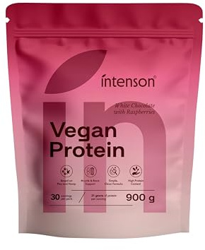 Intenson Proteína Vegana en Polvo, Chocolate Blanco y Frambuesa, 900 g | Vegan Protein, 21 g de Proteína por Porción, 30 Porciones, Guisante y Cáñamo, 100% Vegetal, Sin Lactosa, Sin Azúcar