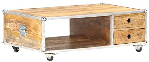Keeushr Couchtisch aus massivem rauem Mangoholz 89x59x33 cm mit 2 Schubladen und 1 offenem Fach, Stabiler Beistelltisch mit Metallkanten für Wohnzimmer, langlebiger Industrie-Charme
