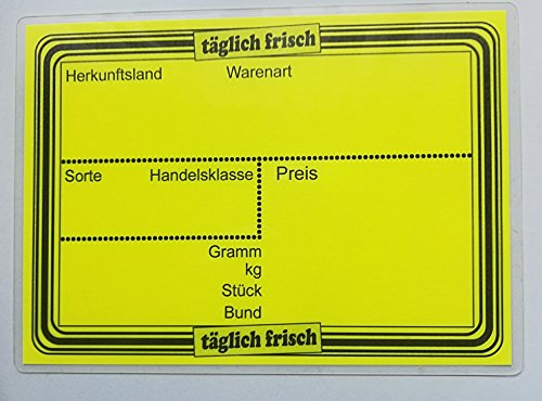 20 laminierte Preisschilder 154 x 216 mm leuchtgelb für Obst und Gemüse mit Aufdruck Werbesymbole