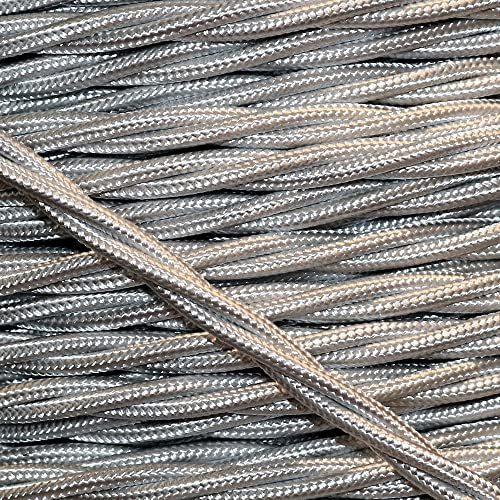 Art Deco Emporium PRE-CUT 1 Meter Length Vintage Styled British Silver Coloured Cloth Covered Braided Twist Flex - Electric Cable 3 Core; Electrical Wire 6Amp; Lighting Flex 0.75mm