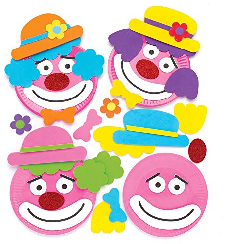 Baker Ross AW475 Clown Plate Ornament Craft Kits - Pack of 4, Paper Plate and Adhesive Foam Pieces Included Perfect for Toddler Art Supplies and Arts & Craft Activities