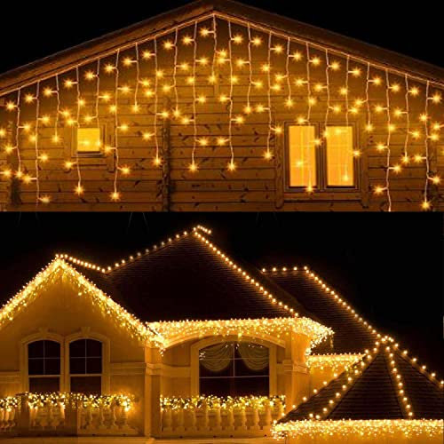 3M Outdoor Icicle Lights Christmas Window Curtain Light Outside Ice Lights Battery Powered Hanging Fairy Light Twinkle Light for Indoor Room Gazebo Decor(Warm White)