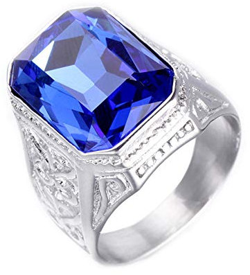 PAURO Herren Edelstahl Jahrgang Hochzeit Versprechen Saphir Ring mit Großem Stein Silber Blau Größe 62 (19.7)