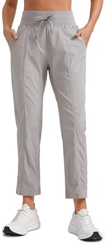 CRZ YOGA Damen Jogginghose 69cm - Mid Taille Sporthose Kordelzug Freizeithose Cargo Pants Jogger Hose mit Taschen Dunkles Chrom 42