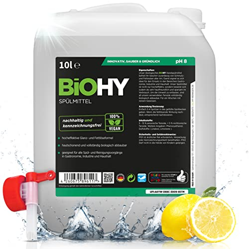 BiOHY Spülmittel (10 Liter Kanister) + Auslaufhahn | Bio Geschirrspülmittel ohne schädliche Chemikalien | Flüssiger Fettlöser für frischen Glanz | ideal für Spülmittelspender | biologisch abbaubar