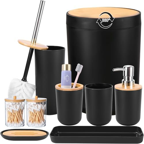 iMucci Ensemble d'accessoires de Salle de Bain avec Poubelle, Porte-Brosse à Dents, Distributeur de Savon, Porte-Savon, gobelet (Housse en Bambou Noir)