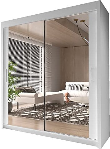 INTERWOOD Modern Full Mirror 2&3 Sliding Doors Wardrobe With Adjustable Shelves, Hanging Rails, Bedroom Furniture (White 120cm)