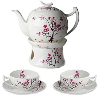 Dekomiro Teeservice Cherry Blossom TeaLogic Tekanne 1L mit 2 Teetassen mit Untertasse 0,18 l und passendem Stövchen EIN Glasrieinigungstuch gratis