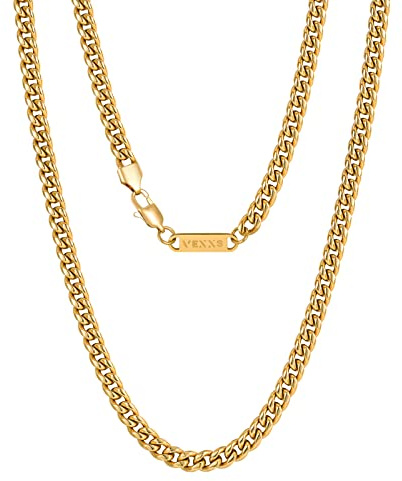 VEXXS 3/4/6mm Herren Panzerkette, 18K Gold beschichtet Cuban Halskette, Miami Kubanische Gliederkette Herren Kette Hip Hop Nickelfrei für Männer Damen