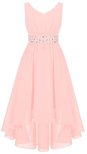 Freebily Enfant Robe de Cocktail Bal Princesse Fille Robe Habillée Soirée Cérémonie Strass Décor Costume Demoiselle d'honneur Enfant Rose 13-14 Ans