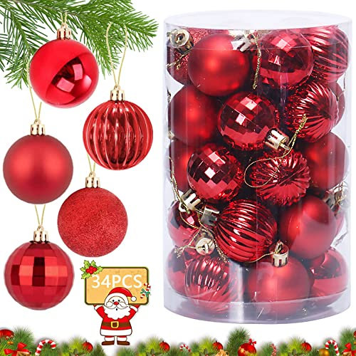 34 Stück Weihnachtsbaum Kugel, Weihnachtskugeln, Christbaumkugeln Baumschmuck, Christbaumschmuck Weihnachtsdeko, Weihnachtsbaumkugeln Box für Weihnachtsbaum Christmasbaum Tannenbaum 4 cm (Rot)