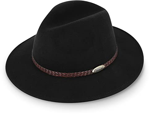 fiebig Casual Traveller Wollfilzhut | Crushable & Waterproof Rollhut mit geflochtener Lederbandgarnitur (62-XXL, Schwarz)