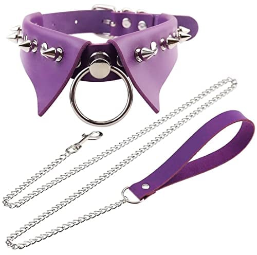 LAIFEKE Punk-Schleppkette aus PU-Leder, Halsband, Gothic-Nachtclub, Goth-Leine, Verstellbare Größe (03-Purple)
