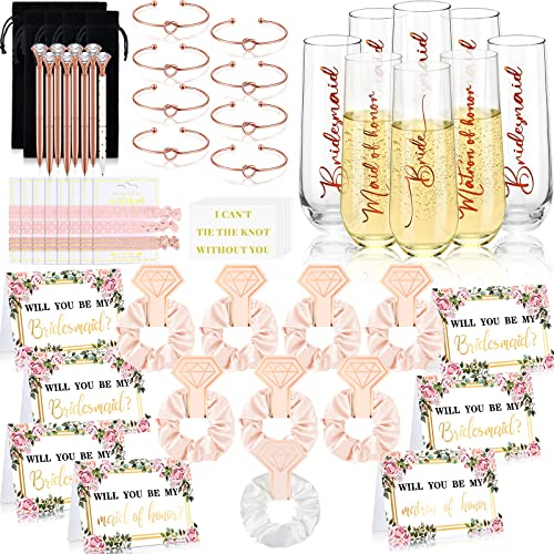 79 Pcs Maid of Honor Proposal Gifts Bridesmaids Proposal Gift Set Matron of Honor Gift Will You Be My Bridesmaid Champagne Flutes Hair Scrunchies Bracelet Card Diamond Pen(Pink Flower)