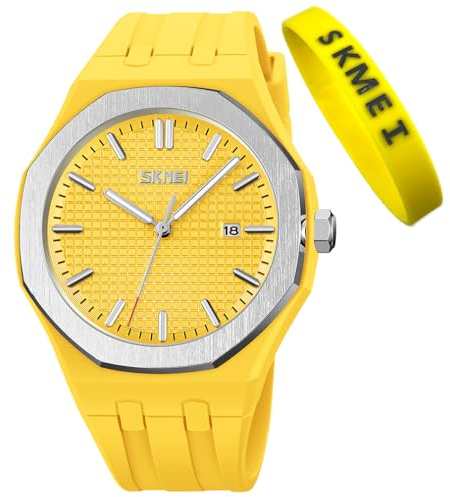 SKMEI Montre pour homme en silicone facile à lire, étanche, sport, décontracté, tendance, analogique, à quartz, cadeau lumineux, noir, G9299 Jaune, Tendance