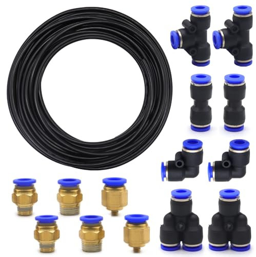 KtbeYTi 10 m PU Tuyau Pneumatique 8mm OD x 5mm ID Tuyau D'air en Polyuréthane, PU Air Tuyau Kit avec 14 Connecteur Pneumatique(Forme Y/T/L/I), Noir