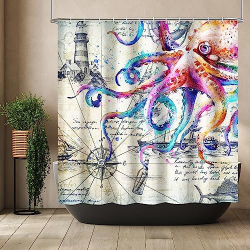Duschvorhang mit buntem nautischem Oktopus, lustiger Ozean, Kraken, Duschvorhänge für Badezimmer, Anker, Küstenkarte, wasserdichter Stoff, Duschvorhang-Set, coole Oktopus-Badezimmer-Dekoration mit