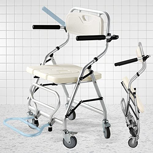 VFDZ Duschstuhl mit Rollen Klappbar, Duschhocker für Senioren mit Rollen Wasserdichter und Rutschfester, Weiß Duschstuhl für Senioren Werkzeugfreie Montage, Maximale Tragfähigkeit 120KG