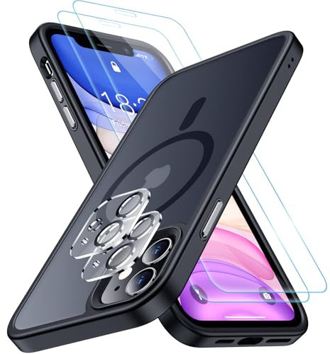 SPIDERCASE Magnetic for iPhone 11 Case, [Military Drop Protection] [2 Pcs Glass Screen Protector & Camera Lens Protector] Translucent Matte Case,Black WJB-CXFG-i11-BK
