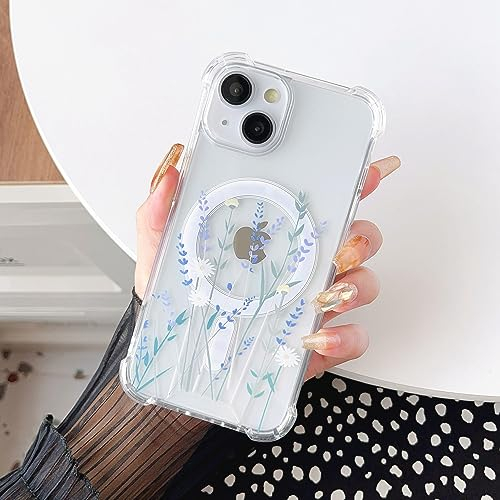 ZTOFERA Magnetic Case for iPhone 13/14, Transparent Soft Daisy Pattern Case - Drop Resistant Bumper Protective Cover for 6.1 iPhone - Lavender