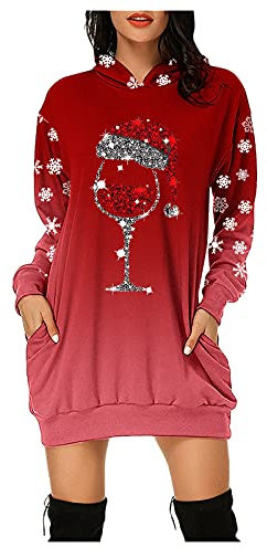 unilarinna Longpullover für Damen, Damen Weihnachtspullover Kleid Weinglas Motiv Langarm Hoodie Weihnachtskleid Weihnachten Langarmshirt Elegante Pulli Kleid