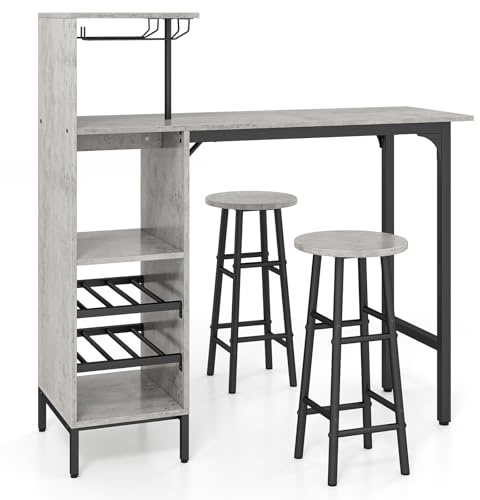 COSTWAY Juego de 3 Piezas Mesa y Sillas de Bar, Mesa y Taburetes Industriales con Soportes para Copas de Vino y Estantes para 6 Botellas de Vino, Juego de Mesa para Comedor Cocina (Gris)
