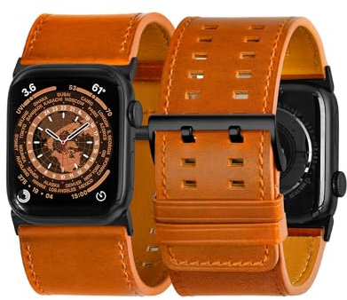 Tefeca Dual Series Armband für Apple Watch Ultra, Ersatzarmband mit Karamellfarbenem Leder und Schwarzen Adaptern - Ultra Breit 49/45/44/42mm