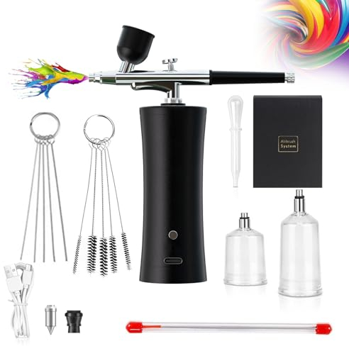 Holzsammlung Mini Aerógrafo Set,Kit de Aerógrafo inalámbrico portátil y Juego de Aerógrafo de Mano Recargable, para Maquillaje, Pintura, Modelado, Manualidades, Manicuras, Tatuajes (Negro)
