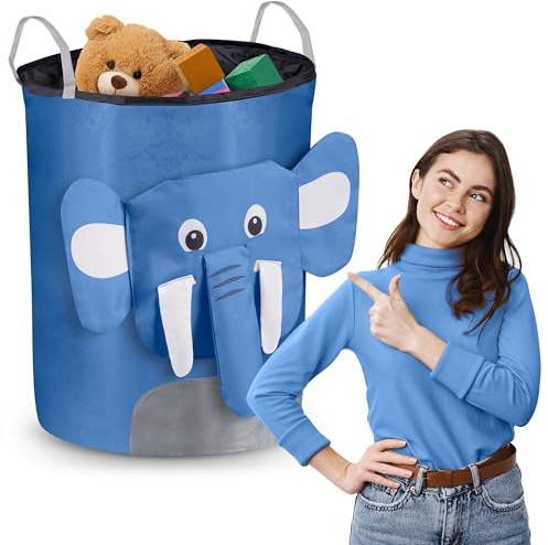 Nukido - Spielzeugbehälter - Rund - Mit Elefantenmotiv - Aufbewahrungskorb/-beutel - Mit Griffen und Kordelzug - Wäschekorb - für Kinderzimmer - Mädchen, Junge - Groß - Blau