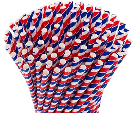 Lot de 100 pailles courtes en papier, design français, 16 cm de long, 7 mm de diamètre - Motif drapeau français, tricolores, biodégradables, respectueuses de l'environnement (courtes)
