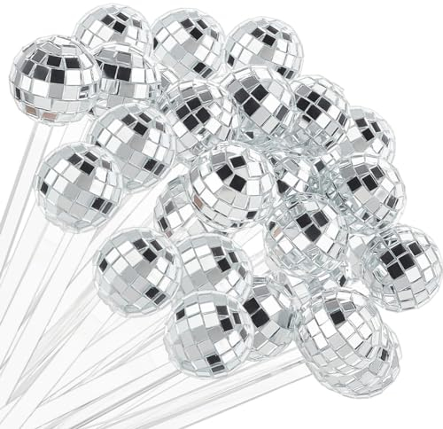 OLYCRAFT 40pcs 18.7x2.6cm Boules Disco Agitateurs à Cocktail Argent Cocktail Disco Bâtons Décoratifs Rond Top Miroir Swizzle Sticks pour Boissons au Café Décorations de Cocktail Maison Disco