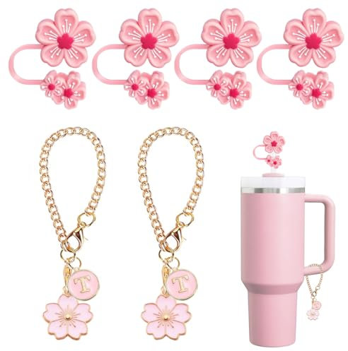 Stanley-Becherzubehör, rosa Strohhalm-Abdeckung, 10 mm, mit Blumen-Buchstaben-Anhängern für Stanley-Becher, 30 und 1,2 l, Blumenstrohabdeckung für Stanley-Becher, Silikon-Trinkhalm-Aufsätze für