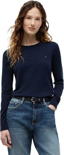 Tommy Hilfiger Damen Pullover Jersey Fine mit Rundhalsausschnitt, Blau (Dark Night Navy), S