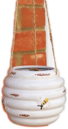 White Beehive Hanging Planter 15cm Ceramic Round Outdoor Garden Honey Bee Flower Pot