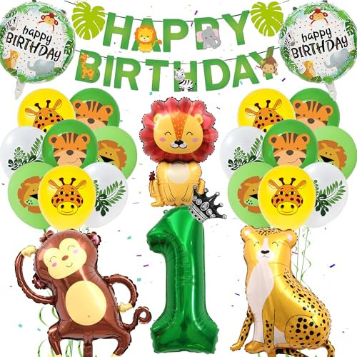 Dschungel Deko 1. Geburtstag Junge - Wild One Geburtstag Deko, Happy Birthday Banner, Kindergeburtstag Deko 1 Jahr, Zahlenballon 1, Löwen Affenballons für Kinder Safari Jungle Theme Party