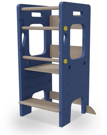 Montessori Lernturm für Kinder ab 1 Jahr - Höhenverstellbarer Tritthocker mit Anti-Kipp-Schutz, Stabil und Nachhaltig, Multifunktional als Küchenhelfer und Lernhilfe für Kleinkinder (blau)