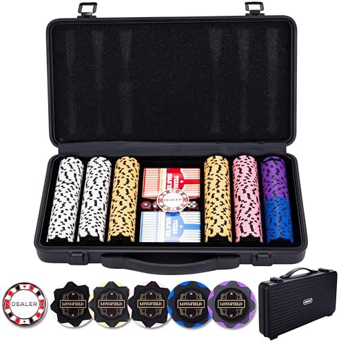 Engelhart - 320950 – Poker-Set – Koffer aus schwarzem Metall – 300 Chips 14 g ohne Nummer + 2 Kartenspiele, 1 Croupier-Knopf, 5 Würfel
