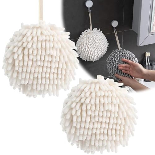 SHUOHONG 2 Stück Absorbent Hanging Handtücher Klein, Handtuch, Weiches Chenille Kleine Handtücher, Hand Towel, Mikrofaser Handtuch Trocknend Saugfähig Ball für Küchen und Badezimmer (Weiß)