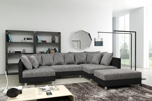 Kuechen-preisbombe Wohnlandschaft Sofa Couch Ecksofa Eckcouch + Hocker schwarz/hellgrau Minsk XXL