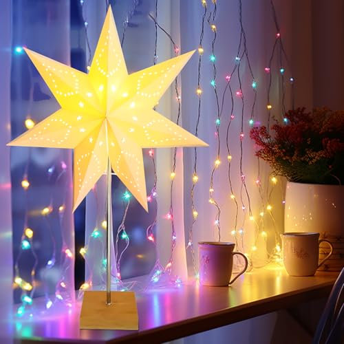 Skeadex LED Weihnachtsstern Stehend, Tischlampe Stern Weihnachtsdeko Innen, Papierstern Beleuchtet mit Holzsockel, Leuchtsterne Weihnachten Weihnachtslichter für Adventsdeko Fenster Deko (C)